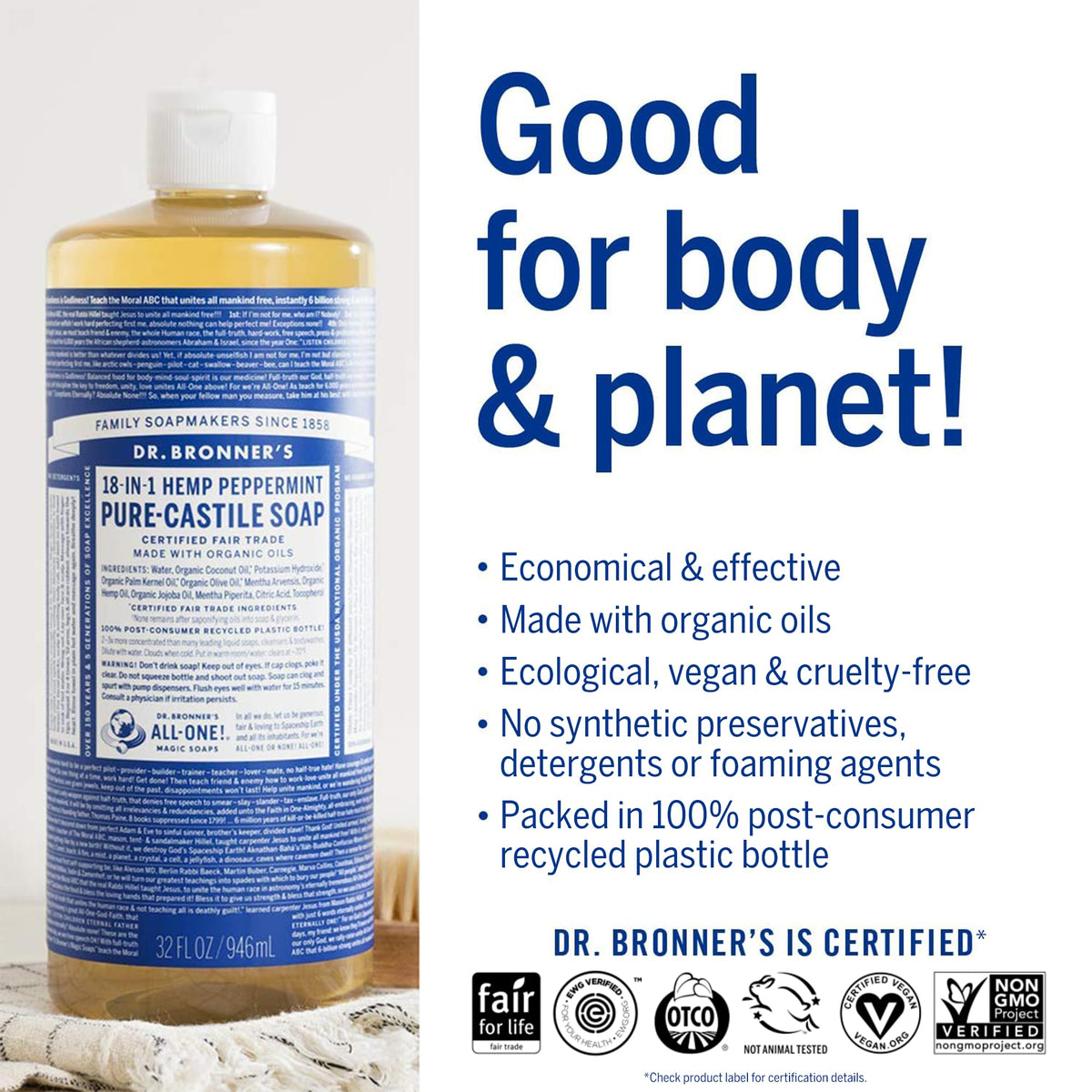 Dr. Bronner's creating foam in palm showing lathering benefit for skin