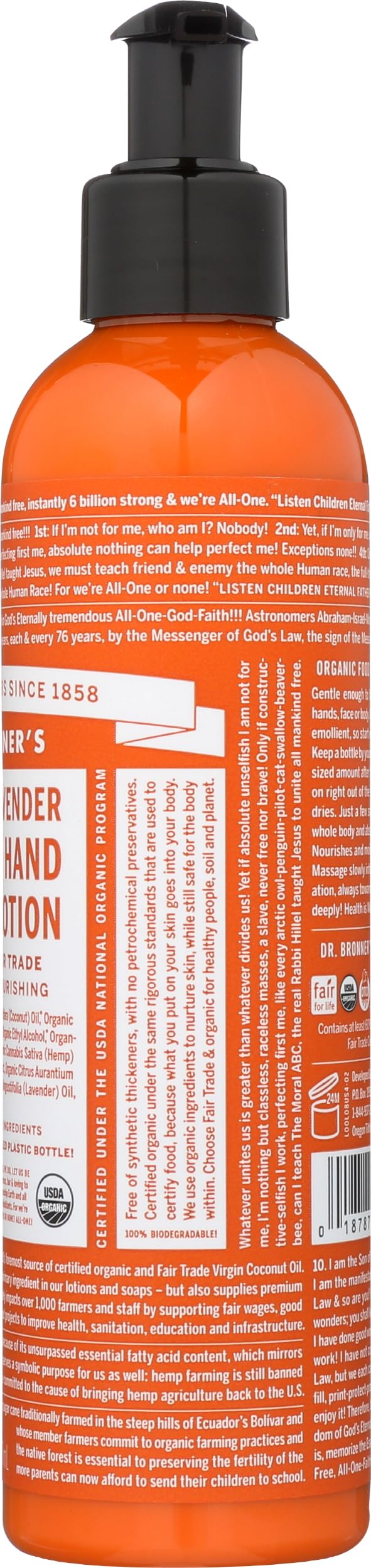 Dr. Bronner's ingredient label close-up highlighting organic and fair-trade sourcing benefit