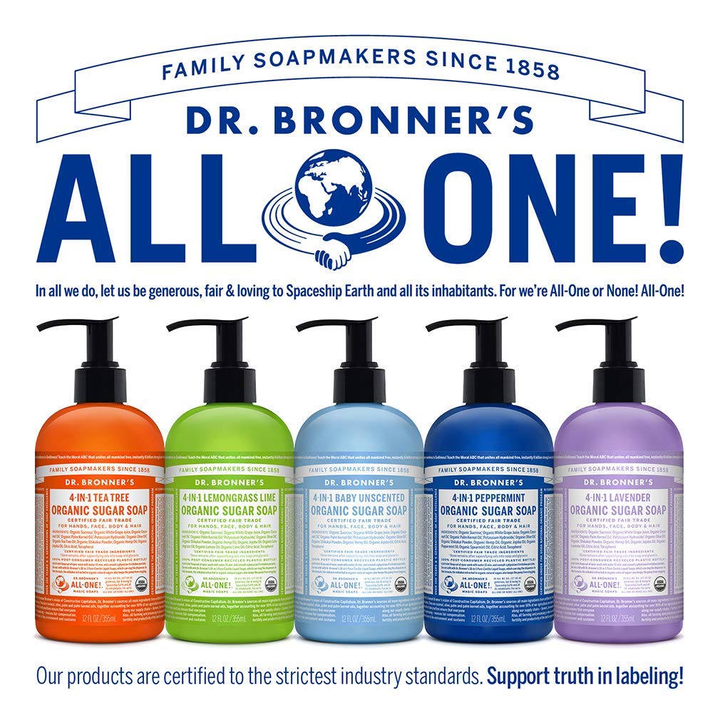 Dr. Bronner's ingredient display showing organic sugar, shikakai, and oils benefits