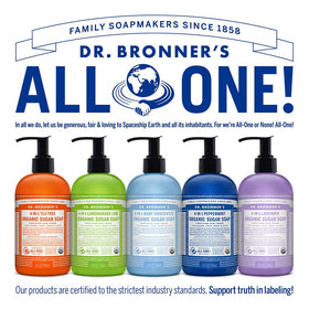 Dr. Bronner's ingredient display showing organic sugar, shikakai, and oils benefits