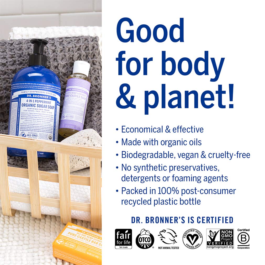 Dr. Bronner's lavender bottle beside cloth and laundry showing multiuse cleaning
