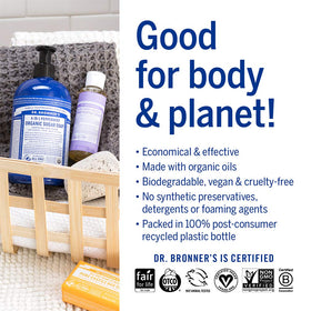 Dr. Bronner's lavender bottle beside cloth and laundry showing multiuse cleaning