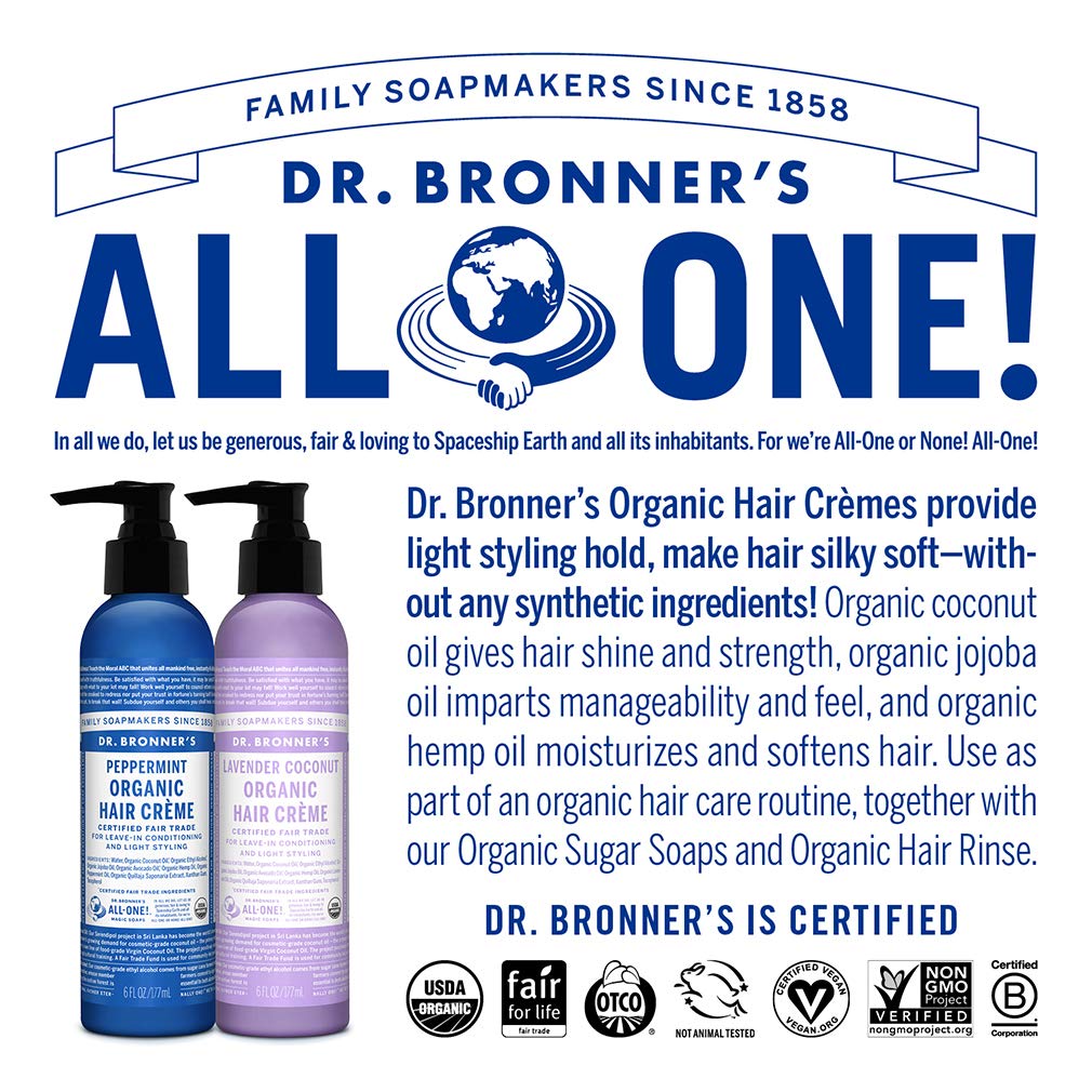 Dr. Bronner's ingredient display with jojoba and hemp bottles emphasizing organic oil nourishment benefit