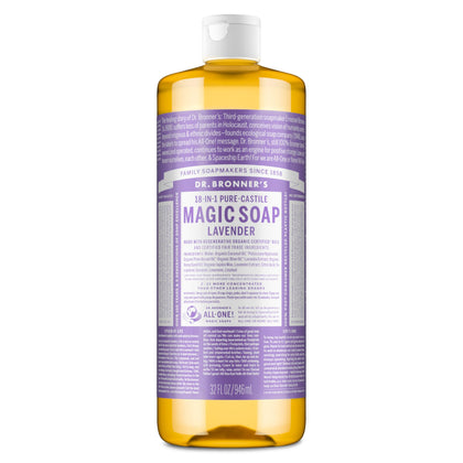 Dr. Bronner's bottle front label showing lavender scent and certifications for natural use