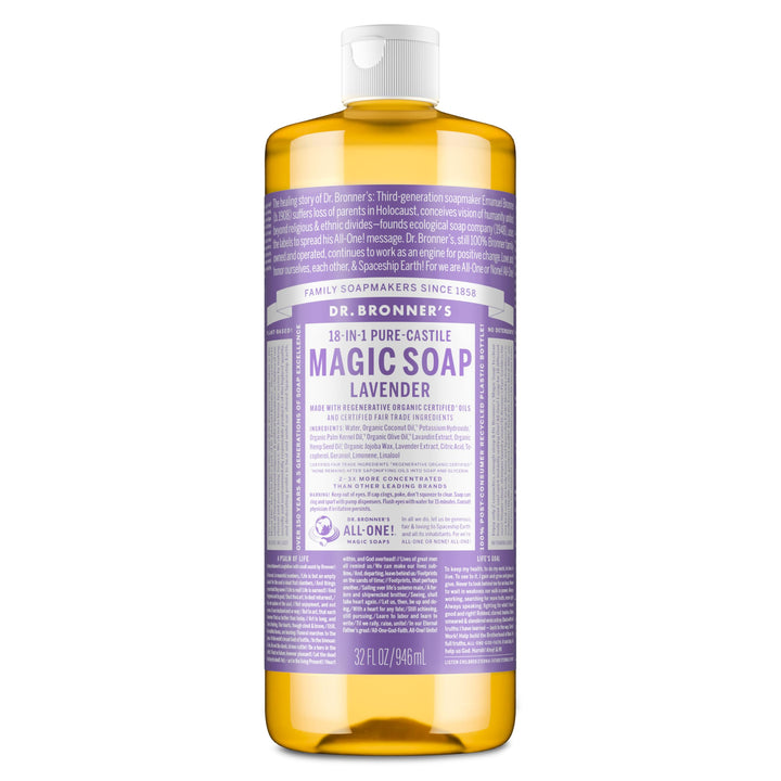 Dr. Bronner's bottle front label showing lavender scent and certifications for natural use