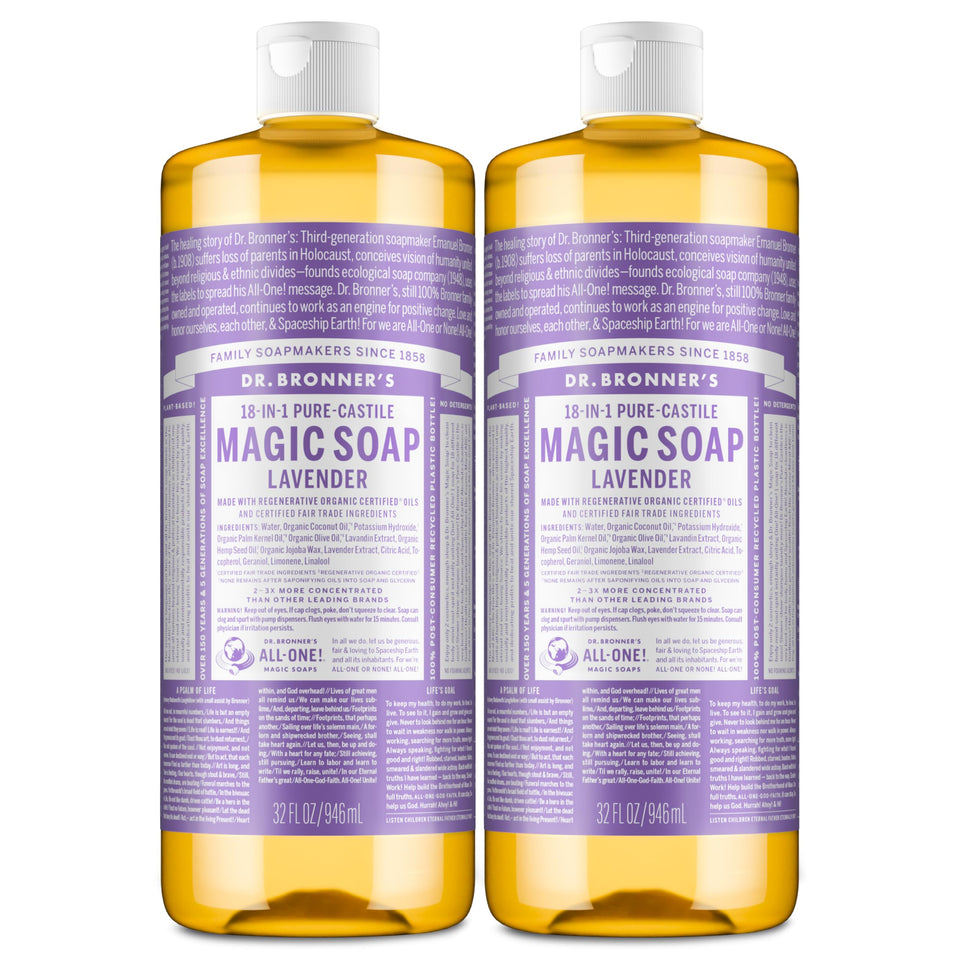 Dr. Bronner's front packaging showing lavender bottles and size