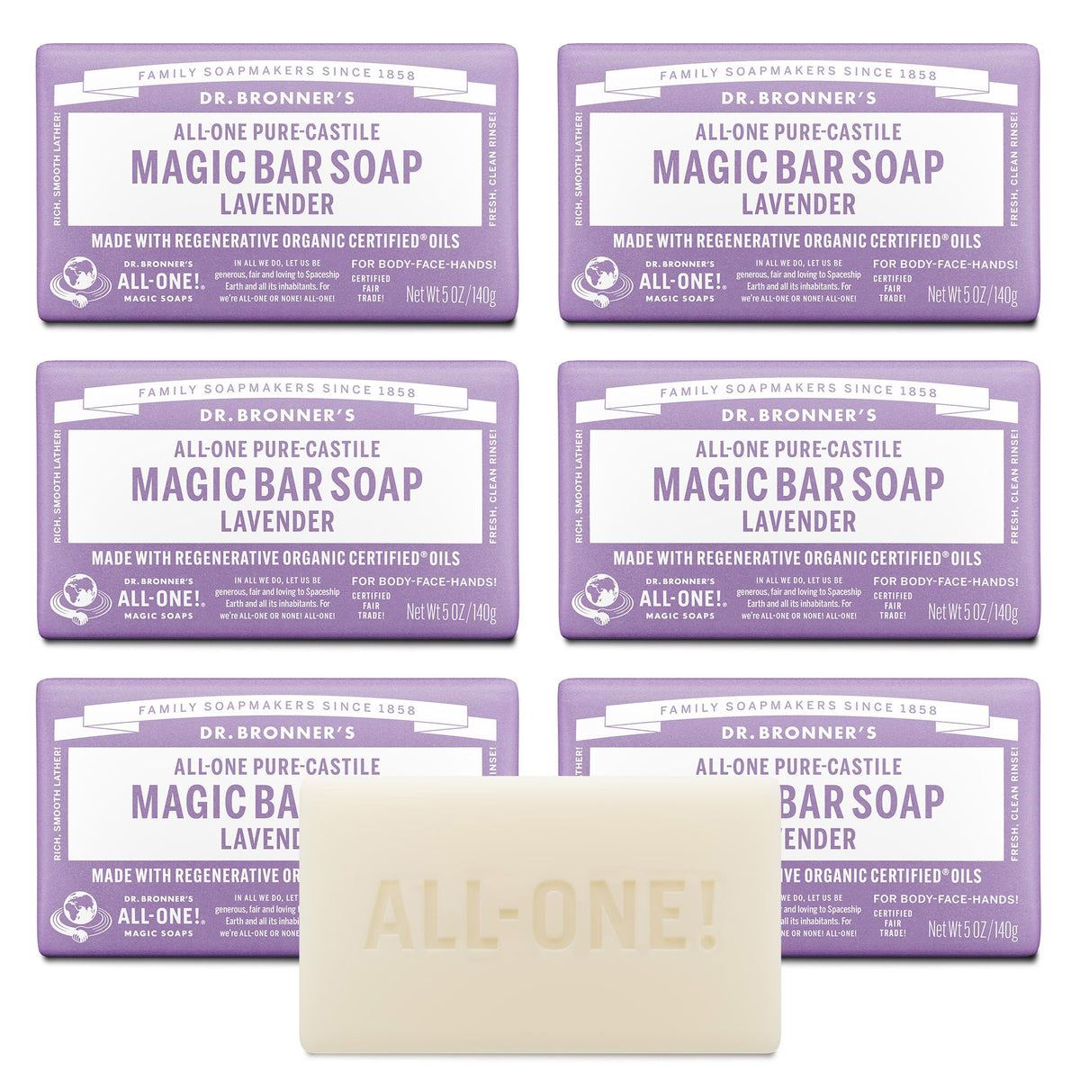 Dr. Bronner's front packaging showing six lavender bars and product benefits