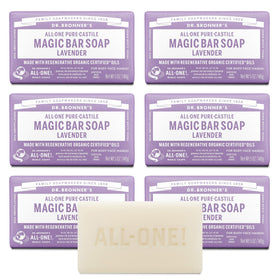 Dr. Bronner's front packaging showing six lavender bars and product benefits