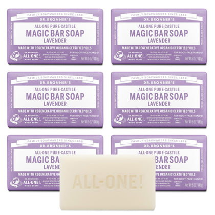 Dr. Bronner's front packaging showing six lavender bars and product benefits