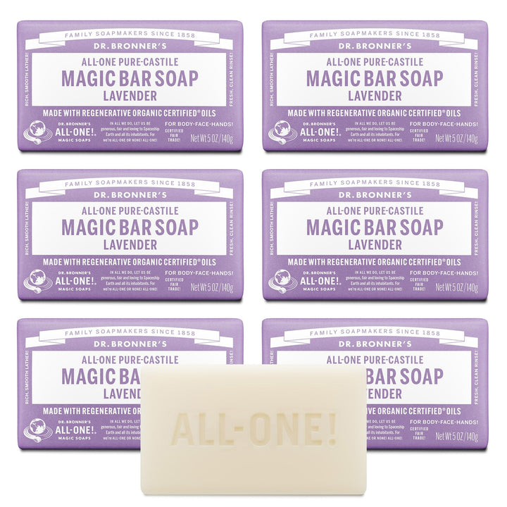 Dr. Bronner's front packaging showing six lavender bars and product benefits