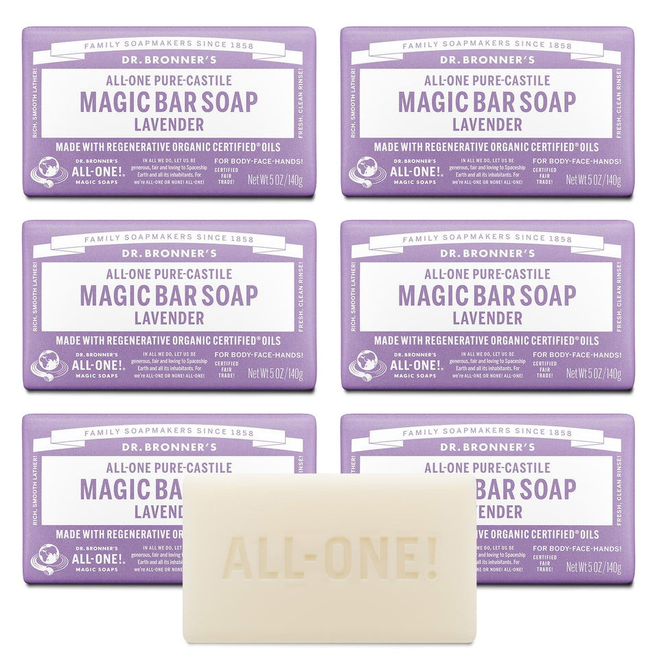 Dr. Bronner's front packaging showing six lavender bars and product benefits