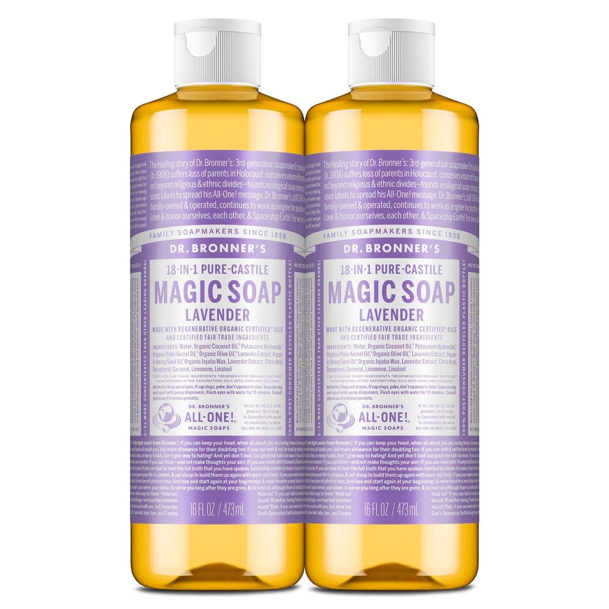 Dr. Bronner's lavender front packaging shows two 16 oz bottles and scent benefit