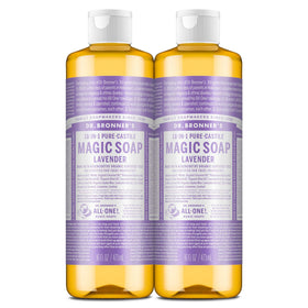 Dr. Bronner's lavender front packaging shows two 16 oz bottles and scent benefit