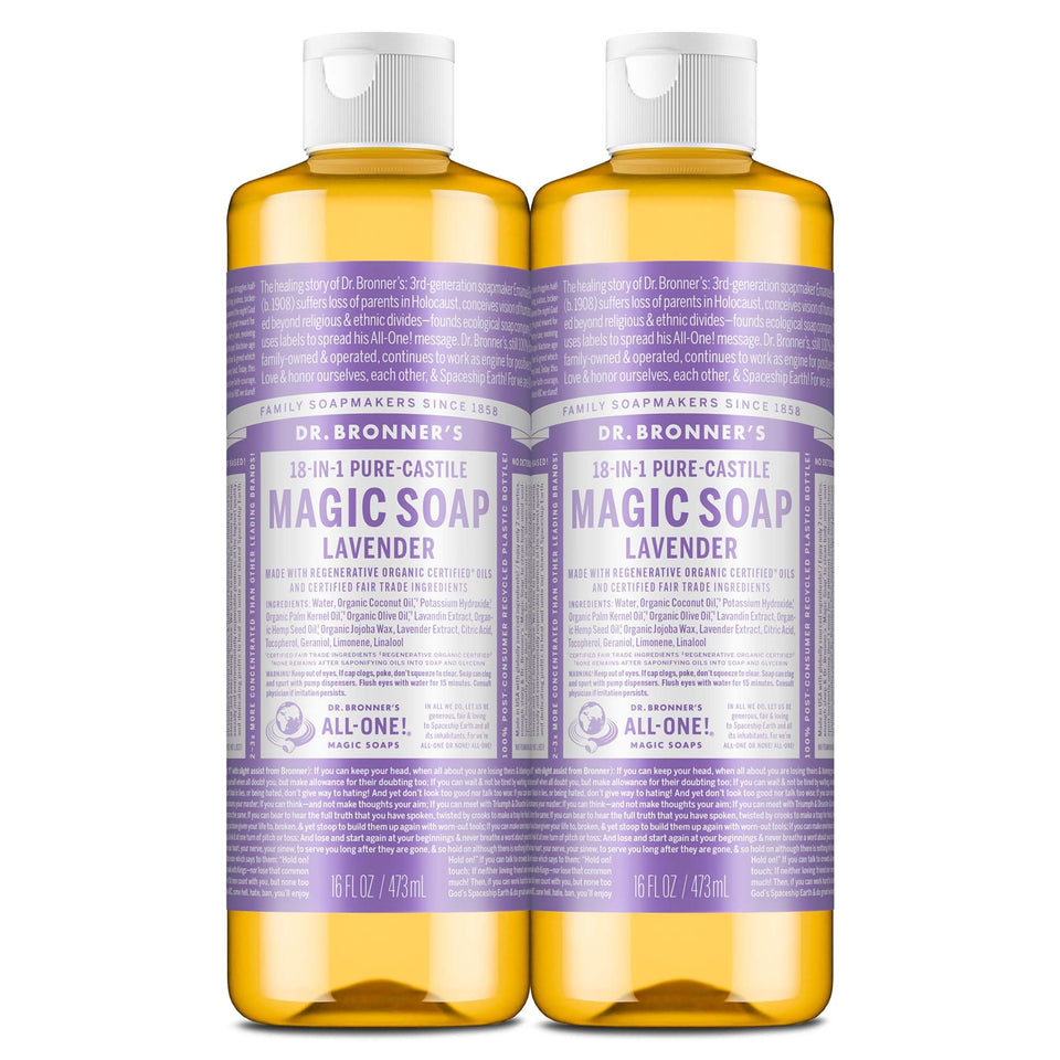 Dr. Bronner's lavender front packaging shows two 16 oz bottles and scent benefit