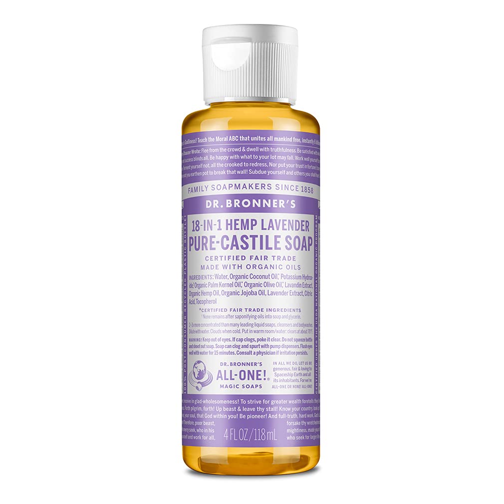 Dr. Bronner's lavender front packaging showing compact travel bottle and benefits