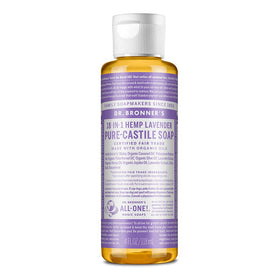 Dr. Bronner's lavender front packaging showing compact travel bottle and benefits