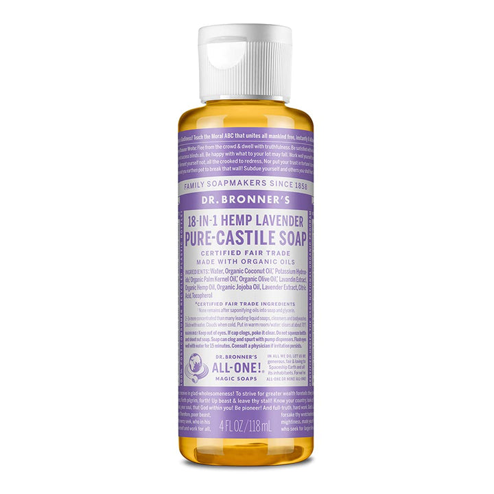 Dr. Bronner's lavender front packaging showing compact travel bottle and benefits