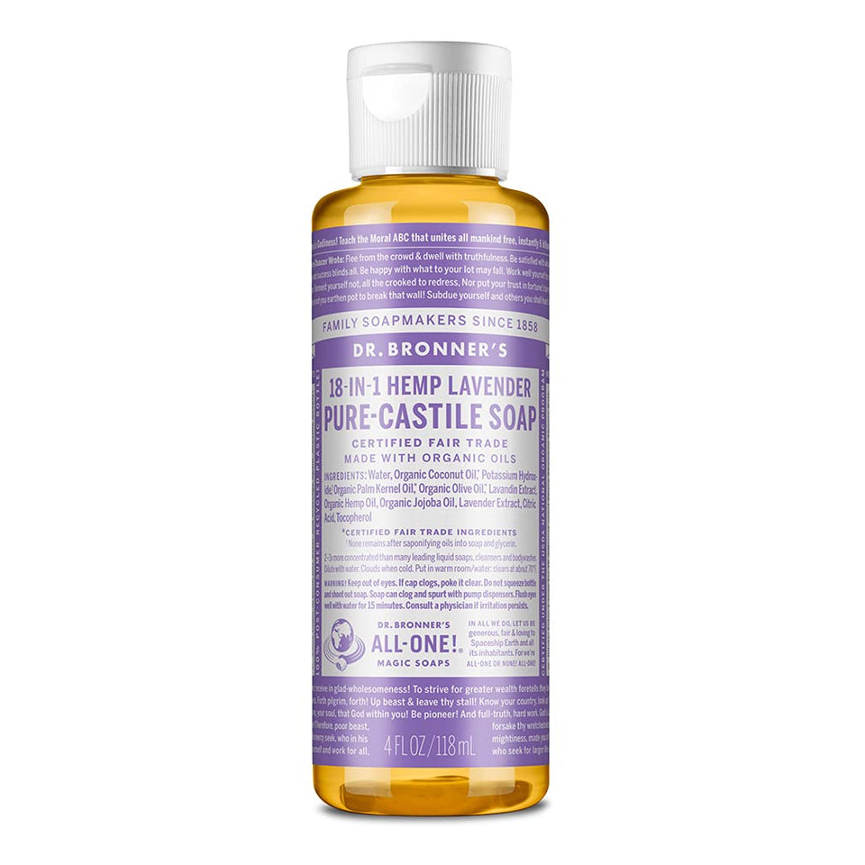 Dr. Bronner's lavender front packaging showing compact travel bottle and benefits