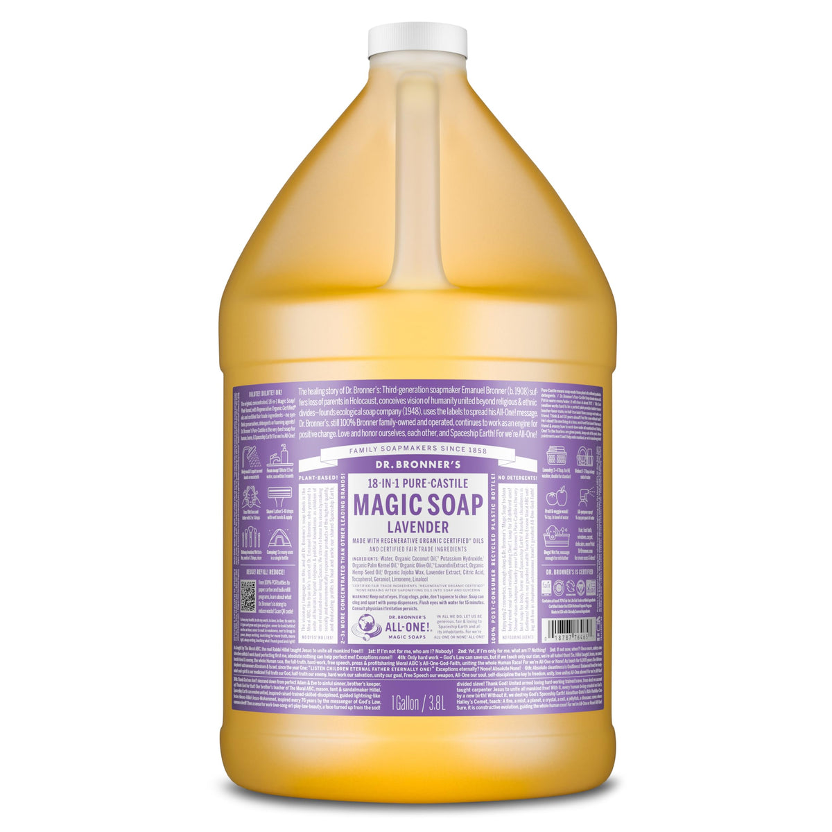 Dr. Bronner's gallon front label showing lavender scent and benefits