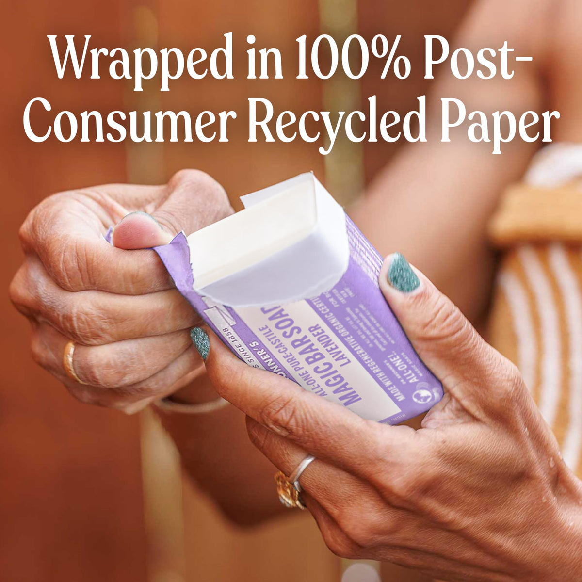 Dr. Bronner's post-consumer recycled paper wrapper emphasizing eco packaging