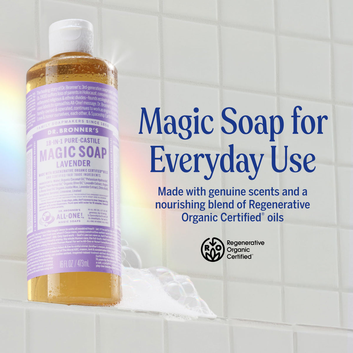 Dr. Bronner's close-up pouring concentrated lavender soap, easy dosing