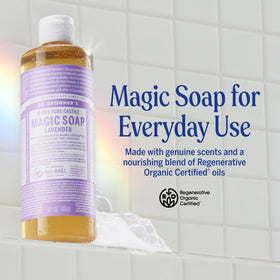 Dr. Bronner's close-up pouring concentrated lavender soap, easy dosing