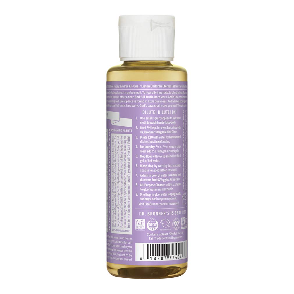 Dr. Bronner's lavender being poured from bottle illustrating concentrated dosing