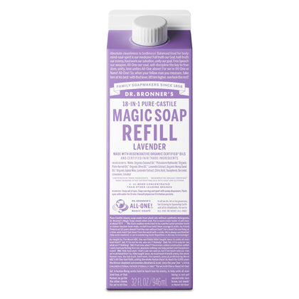Dr. Bronner's lavender front carton showing eco refill and benefits