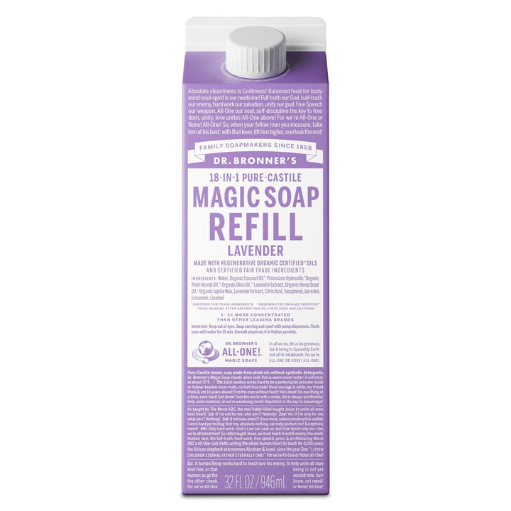 Dr. Bronner's lavender front carton showing eco refill and benefits