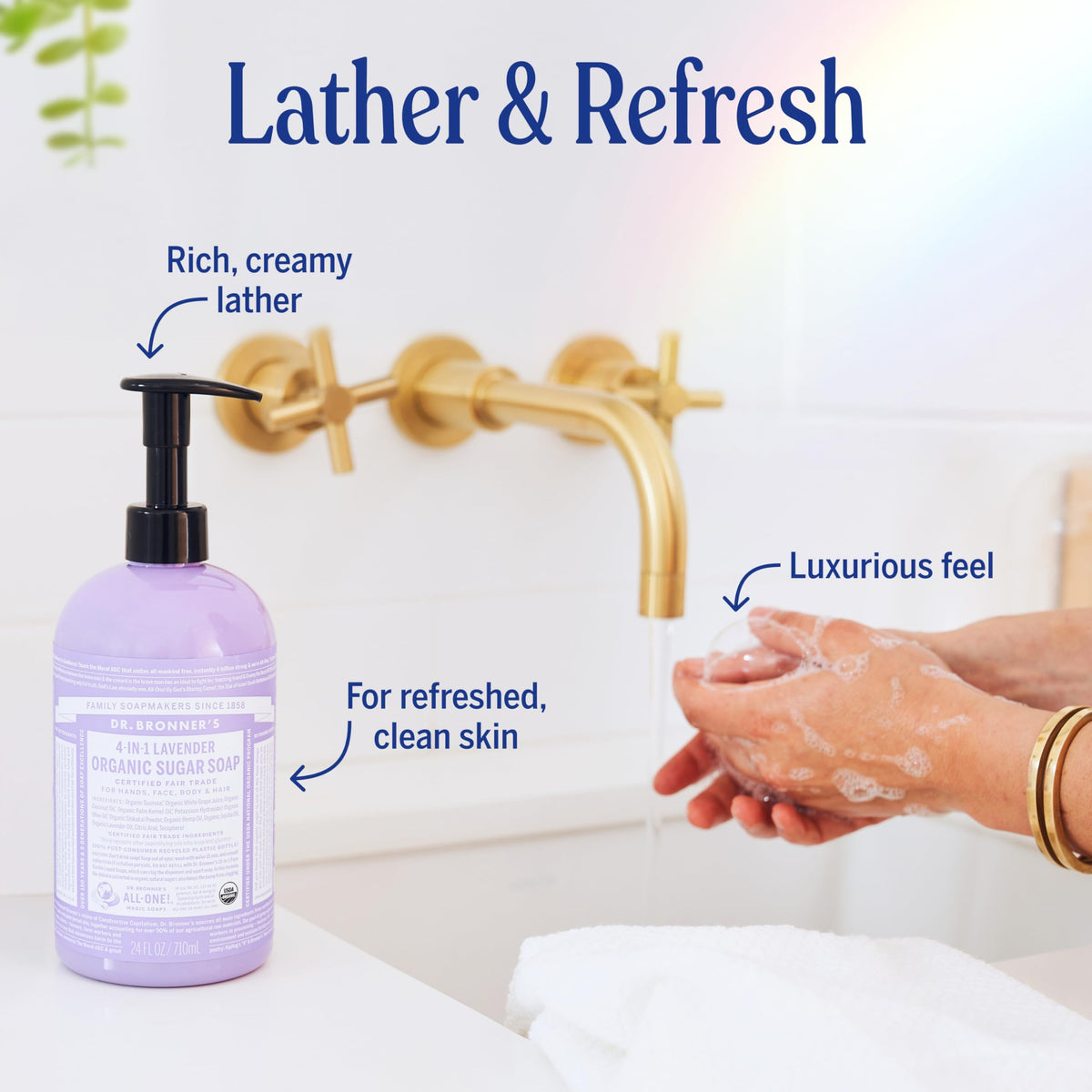Organic ingredients beside bottle featuring Dr. Bronner's natural sourcing benefit