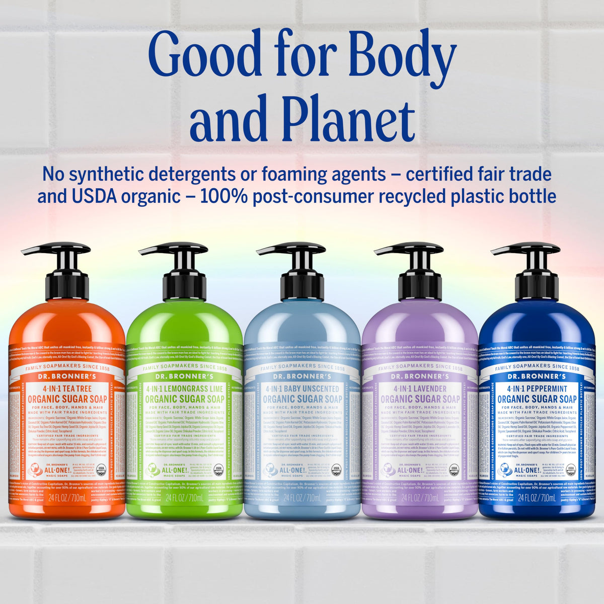 Dr. Bronner's bottle staged in bathroom showing multipurpose home use benefit