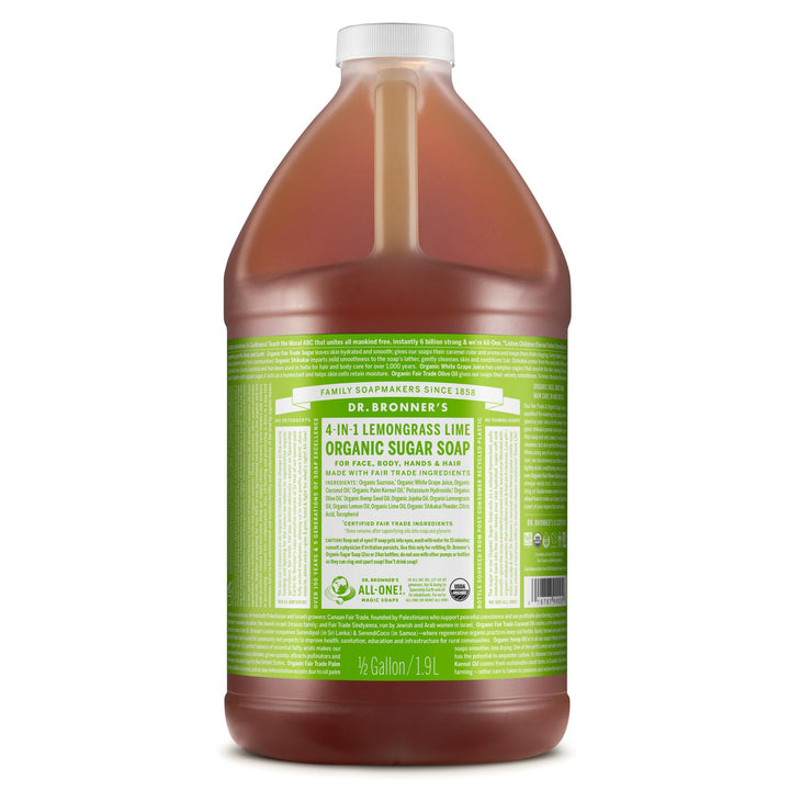 Dr. Bronner's front bottle showing lemongrass label and large 64 oz size benefit