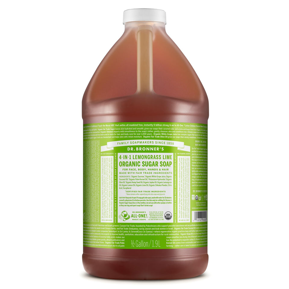 Dr. Bronner's front bottle showing lemongrass label and large 64 oz size benefit
