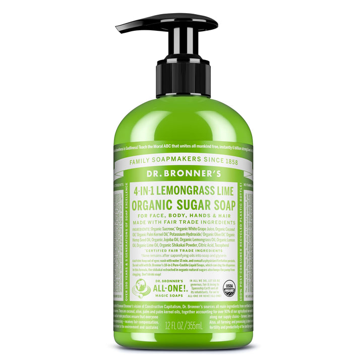 Dr. Bronner's lemongrass front packaging shows product and scent benefits