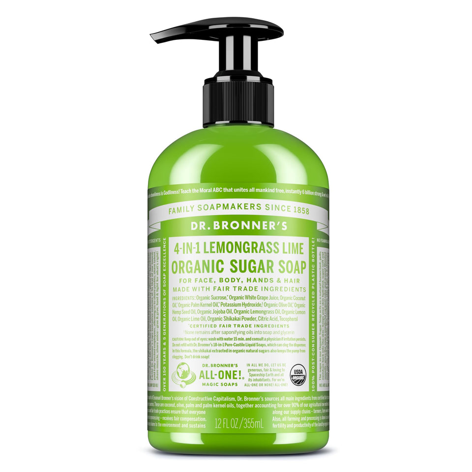 Dr. Bronner's lemongrass front packaging shows product and scent benefits