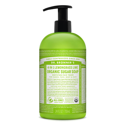 Dr. Bronner's lemongrass front bottle view showing label and size benefit