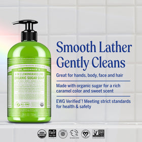 Dr. Bronner's label close-up with ingredient list and organic sourcing benefit