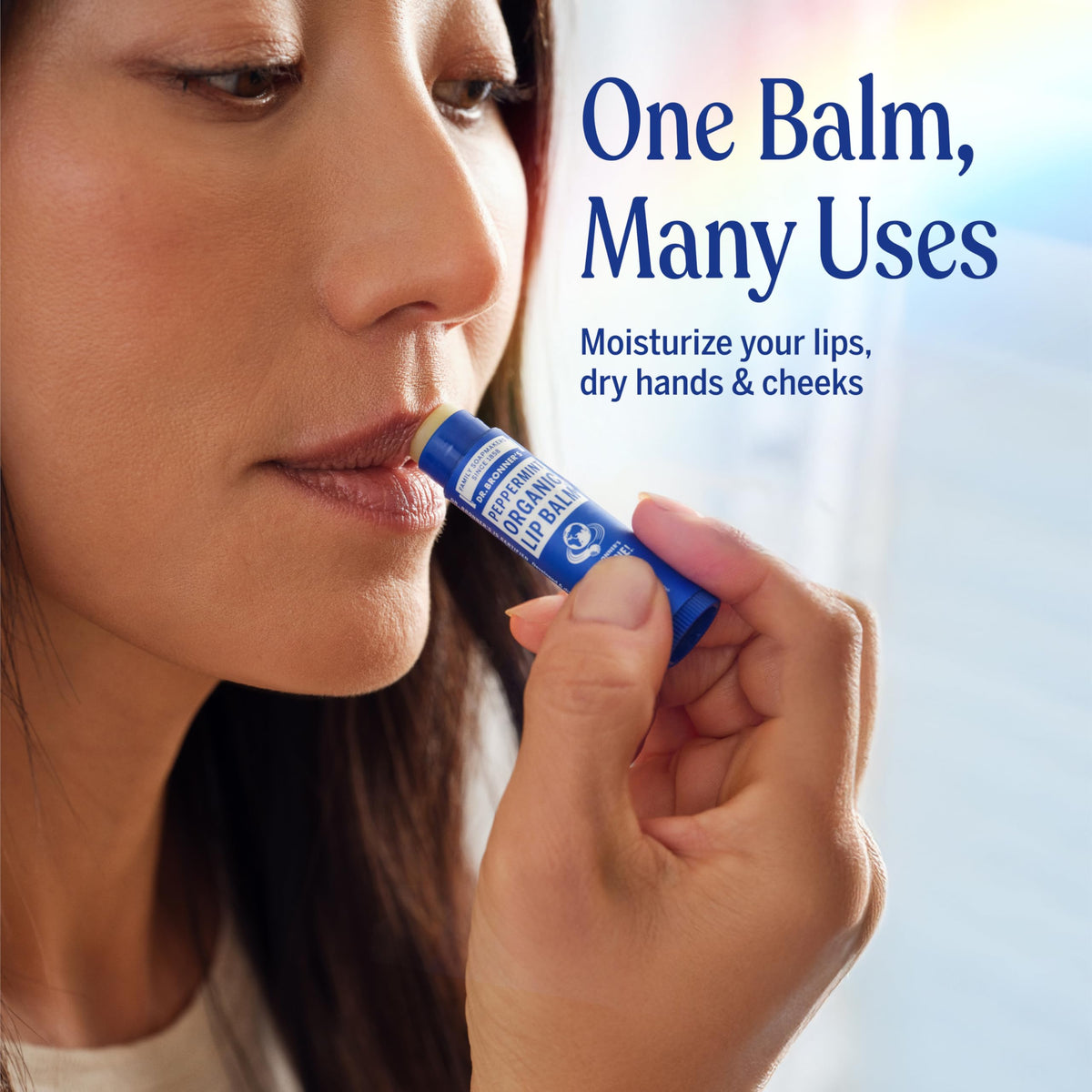 Dr. Bronner's application on lips demonstrating cooling peppermint hydration