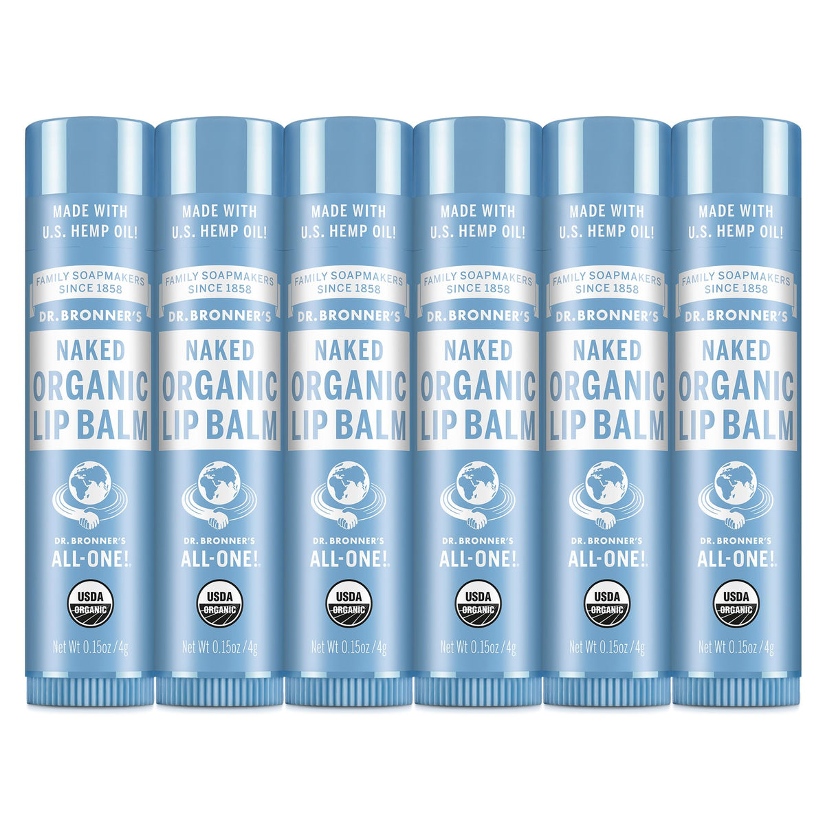 Dr. Bronner's front packaging showing six unscented lip balm tubes for trustworthy hydration