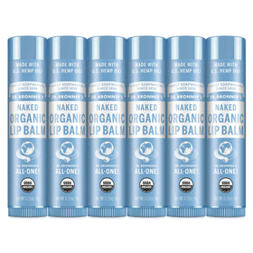 Dr. Bronner's front packaging showing six unscented lip balm tubes for trustworthy hydration