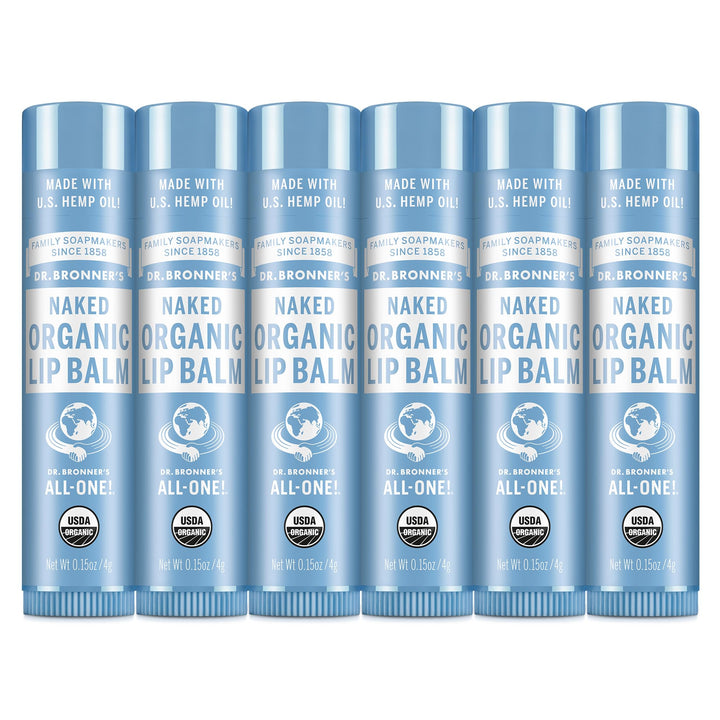 Dr. Bronner's front packaging showing six unscented lip balm tubes for trustworthy hydration