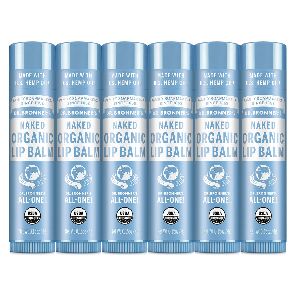 Dr. Bronner's front packaging showing six unscented lip balm tubes for trustworthy hydration