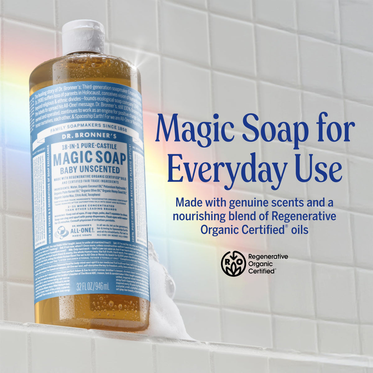 Dr. Bronner's soap pouring close-up highlighting concentrated formulation