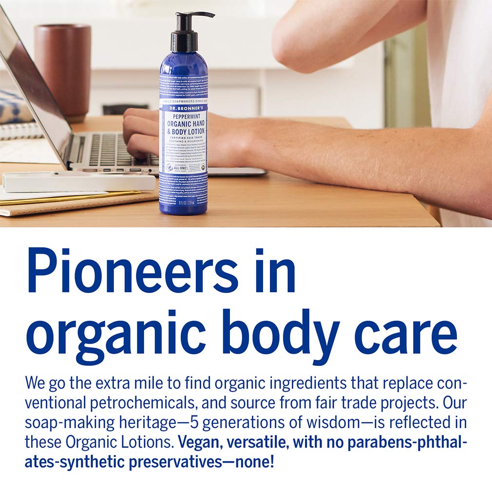 Dr. Bronner's lotion spread on hand demonstrating hydration and smooth finish