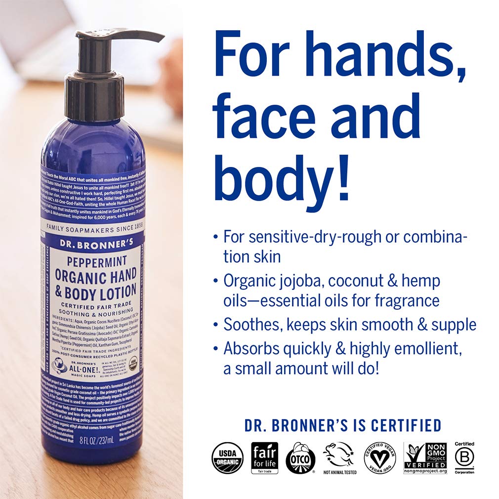 Dr. Bronner's 8 oz bottle next to a coin for size comparison and travel-friendly benefit