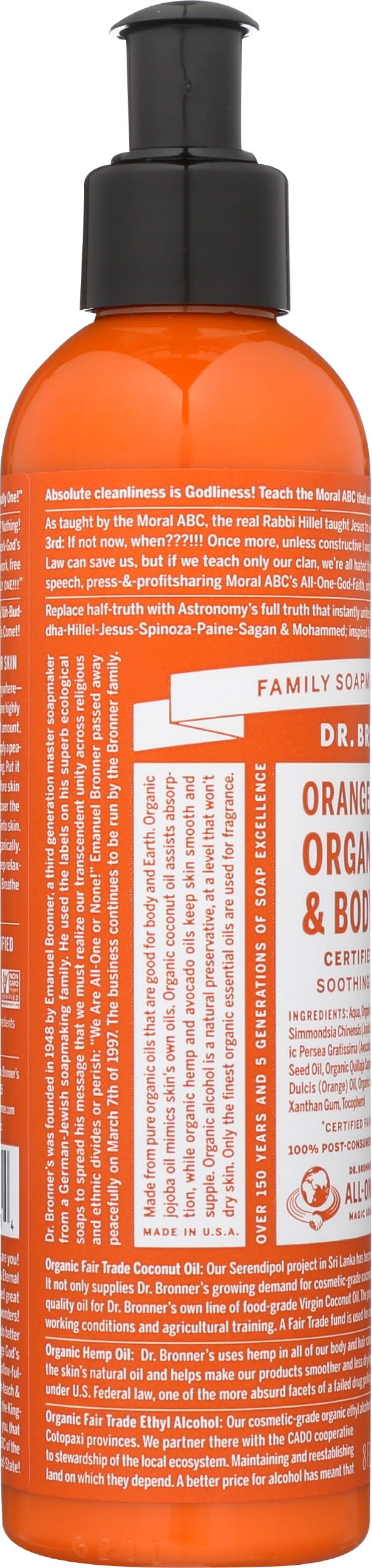 Dr. Bronner's lotion in hand illustrating 8 fl oz scale and travel-friendly benefit