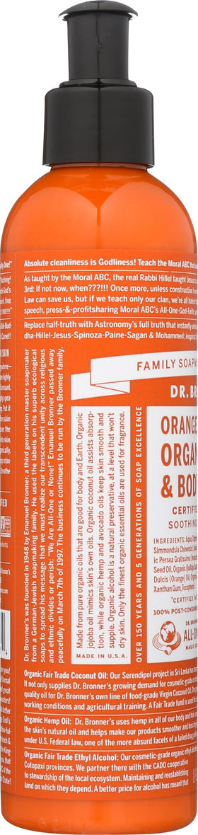 Dr. Bronner's lotion in hand illustrating 8 fl oz scale and travel-friendly benefit