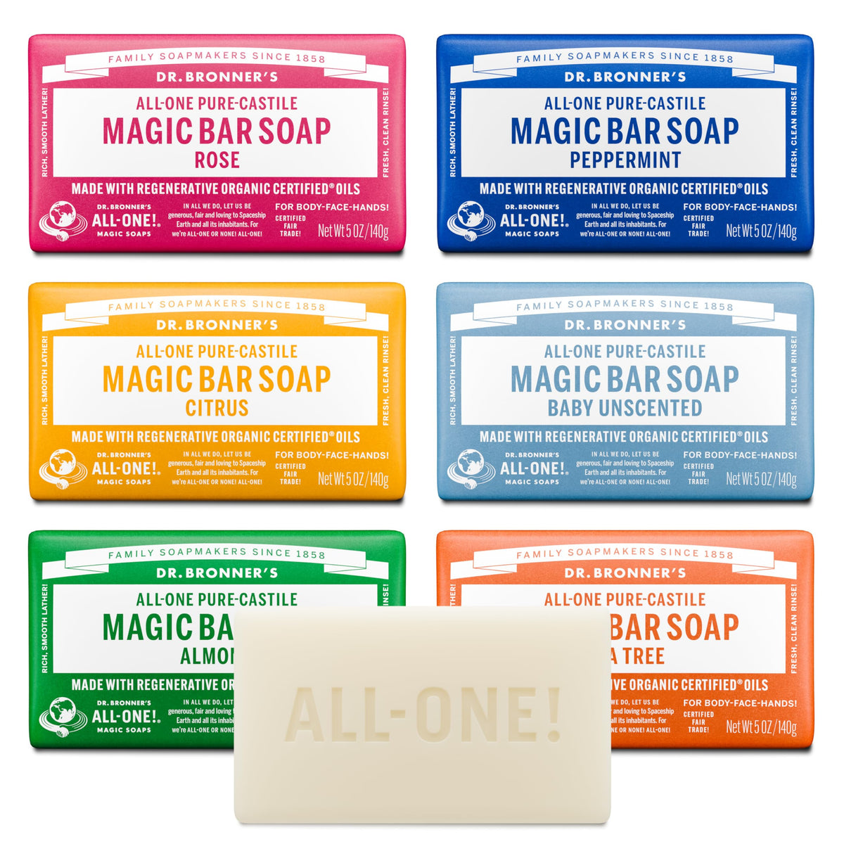 Dr. Bronner's front view of variety pack showing six castile bars and recycled wrappers, sustainable benefit