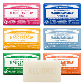 Dr. Bronner's front view of variety pack showing six castile bars and recycled wrappers, sustainable benefit