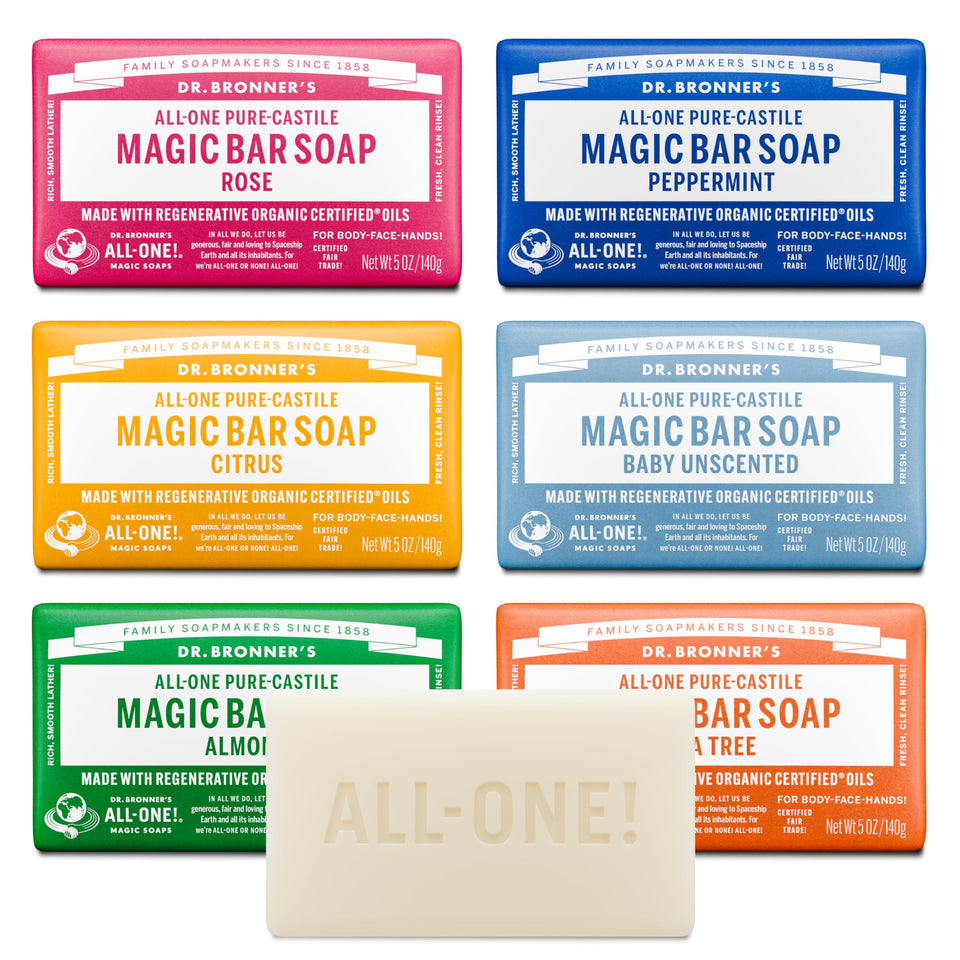 Dr. Bronner's front view of variety pack showing six castile bars and recycled wrappers, sustainable benefit